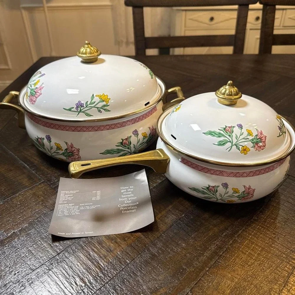 Vintage Dar Collection Porcelain Enamel Floral Cookware Pot Set